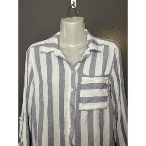 T Tahari Shirt Womens XS Blue White Stripe Button Front Roll Tab Sleeve Top